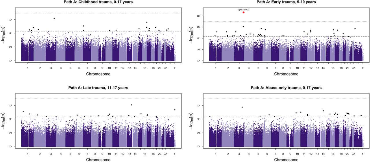 Epigenome-wide association analysis of childhood trauma and DNAm (Path A).Manhattan plot showing epigenome-wide association results between childhood trauma exposure and DNAm (Path A). Each point represents a CpG site plotted according to genomic position across chromosomes and the –log10-transformed p-value. The horizontal dashed line indicates a suggestive discovery threshold (p < 5 x 10−5), while the dotted line represents the more conservative Bonferroni-corrected threshold.