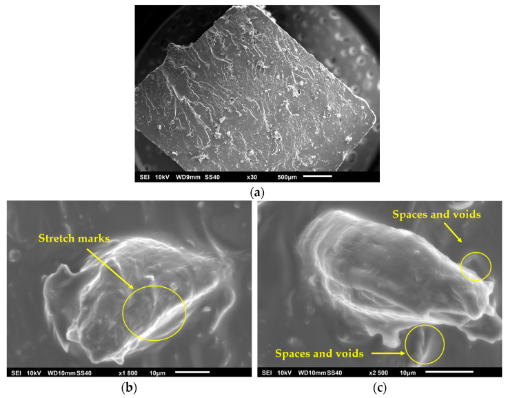 PH specimen: (a) 30×, (b) 1800×, and (c) 2500×.