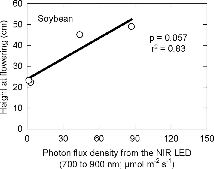 Effect of photons (between 700 and 900 nm) on soybean height at flowering.Data points are the average effect within each treatment.