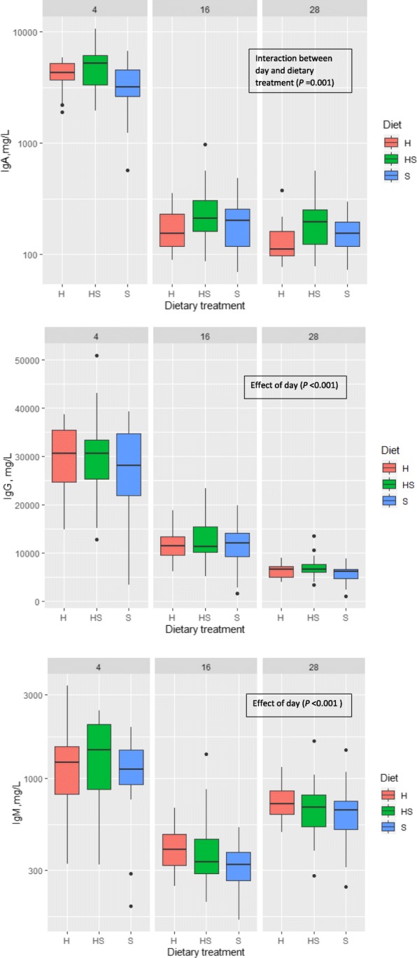 Concentration of immunoglobulins IgM, IgG and IgA, mg/L in piglets’ plasma at birth and on days 2, 16 and 28 of age. H = basal diet and hemp seed oil in ratio 95:5, HS = basal diet and mix of soybean and hemp seed oils (50:50) in ratio 95:5; S = basal diet and soybean oil in ratio 95:5;basal diet formulated according to Danish Nutrient Standards for Lactating Sows [24]