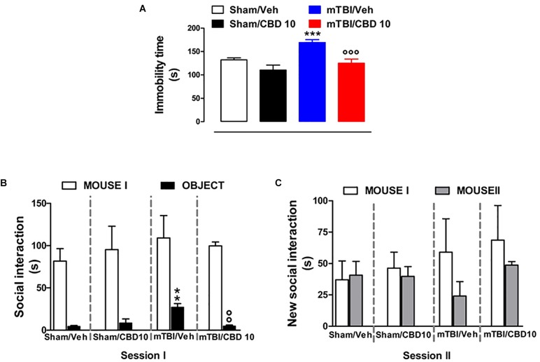 Effect of CBD on behavioral evaluations in sham and mTBI mice. (A) Shows the duration of immobility in the tail suspension test. (B,C) Show the duration of the time spent with an object or mouse in the three chambers sociability apparatus. Data are expressed in seconds and represented as mean ± SEM of 10–12 mice per group. ∗ and ° indicate significant differences compared to sham/vehicle or TBI/vehicle, respectively. P < 0.05 was considered statistically significant. One-way ANOVA, followed by Bonferroni’s Multiple Comparison post hoc test.