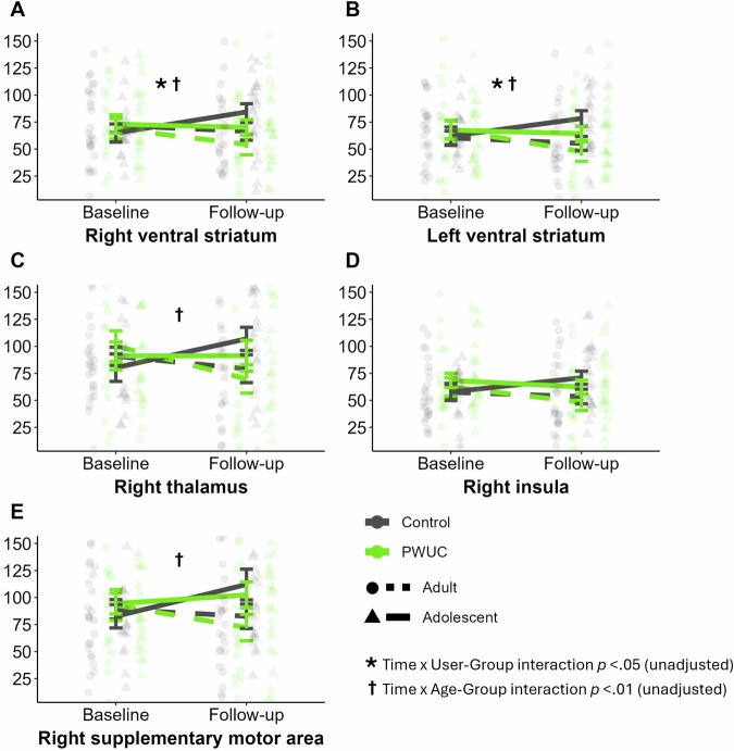 Reward anticipation activity (beta-values) in regions of interest at baseline and follow-up by User-Group and Age-Group.Group differences were explored with linear mixed models. Unadjusted models are presented, but we also repeated the analyses controlling for Beck Depression Inventory scores at baseline and follow-up, days per week of cigarette/roll-up use at baseline and follow-up, and Risk-Taking 18 scores at baseline. A There were significant interactions between Time and User-Group (p = 0.05, ηp2 = 0.04) and Time and Age-Group (p = 0.02, ηp2 = 0.06). Both interactions remained significant when controlling for covariates. B There were significant interactions between Time and User-Group (p = 0.02, ηp2 = 0.05) and Time and Age-Group (p = 0.01, ηp2 = 0.07). Both interactions remained significant when controlling for covariates. C There was a significant interaction between Time and Age-Group (p = 0.01, ηp2 = 0.06), which remained significant when controlling for covariates. D There were no significant effects in the adjusted or unadjusted model. E There was a significant interaction between Time and Age-Group (p = 0.01, ηp2 = 0.08), which remained significant when controlling for covariates.