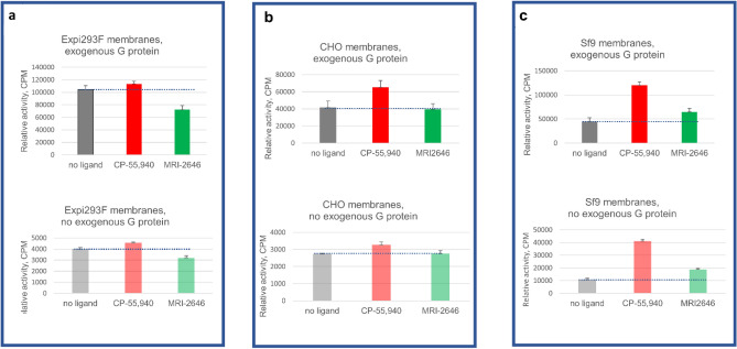 GEF analysis of three membrane preparations with or without supplementation with exogenous G protein. (a) Expi293F membranes; (b) CHO membranes; (c) Sf9 membranes. Bars represent an average of four independent measurements (n = 4). Dotted lines represent the rates of activation of G protein in the absence of a ligand.