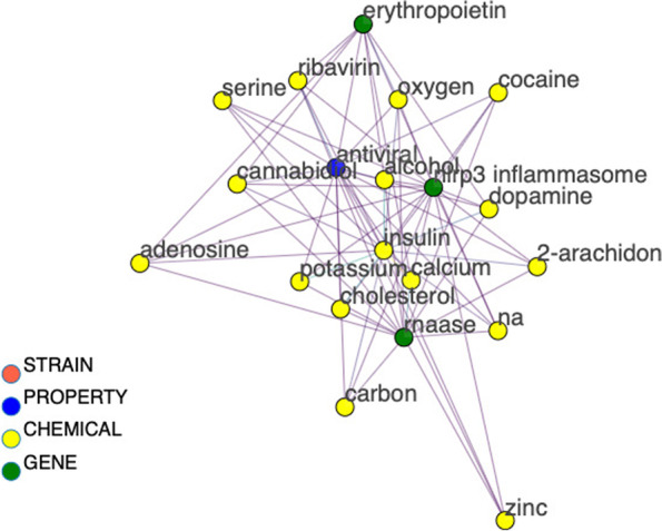 The graph is now condensed enough to be interpreted by a human. Node labels are added, via a toggle switch on the interactive bokeh visualization. A final node degree filter is applied to filter out nodes with degree less than 9 to produce Fig. 10
