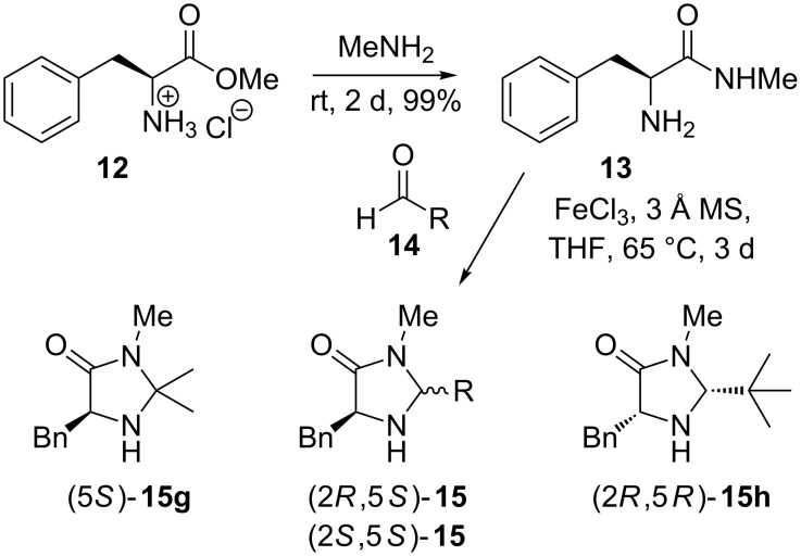 Synthesis of electron poor imidazolidinone catalysts.