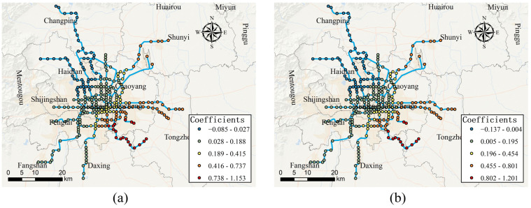 Spatially varying effects of population density. (a) Effect of population density on access-daily use on weekends; (b) effect of population density on egress-daily use on weekends.
