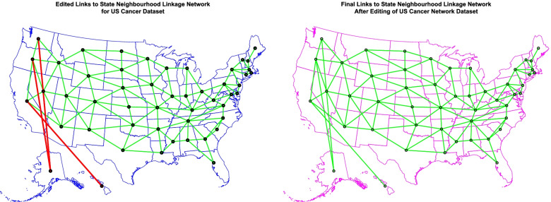 Geospatial links between various US states (A) edited and (B) Final. These links were used to form the sparse spatial weights matrices used in the geospatial models for prostate and ovarian cancer