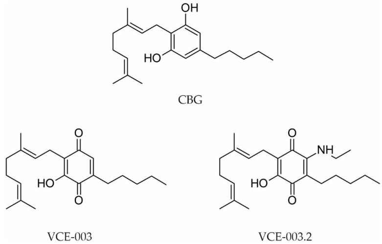 Chemical structures of CBG derivatives VCE-003 and VCE-003.2.