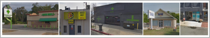 Screen captures of a subsample of visually verified cannabis retailer store fronts. From left to right, store fronts range from clear cannabis symbology to lack of distinct symbology on store front, representing the range of storefront advertising. Image capture from Google 2019