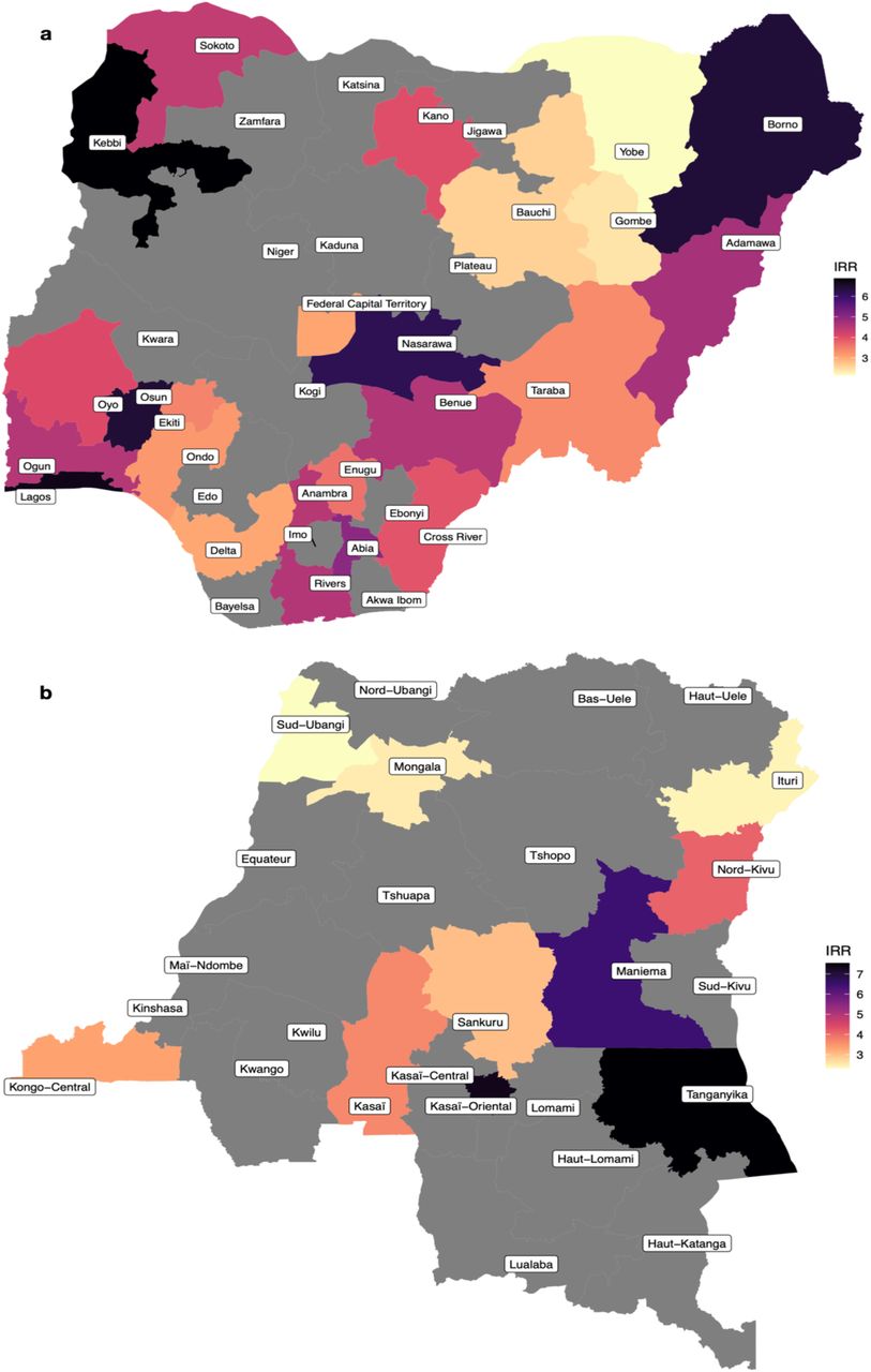 Incidence rate ratio (IRR) for the effect of exposure to conflict within one week of the event and cholera at a sub-national level. For a, Nigeria and b, the Democratic Republic of Congo. Only results that were significant at the threshold p=<0.05 are plotted here.