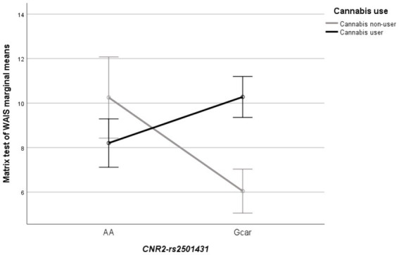 Line plot showing the significant interaction between CNR2 (rs2501431) × cannabis use (cannabis non-users; cannabis users) in the matrix test of WAIS. Each bar represents the marginal mean of the test score (±1SE), separately by genotypes and cannabis use groups.