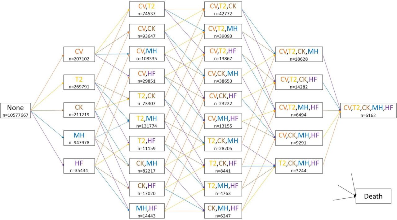 The multistate diagram depicting disease progression. The initial state, labelled “None”, represents participants with no comorbidities at the start of the study. Intermediate comorbidity states are color-coded as follows: cardiovascular disease (CV, orange), type-2 diabetes (T2, yellow), chronic kidney disease (CK, brown), mental health conditions (MH, blue), and heart failure (HF, purple). Each colored arrow indicates a transition, with the colour corresponding to the disease that is diagnosed when the transition takes place (e.g. orange arrows indicate transitions into a CVD diagnosis). The terminal state, “Death”, is directly reachable from all other states. The ‘n’ below each comorbidity state denotes the total number of participants who entered that state during the study period.