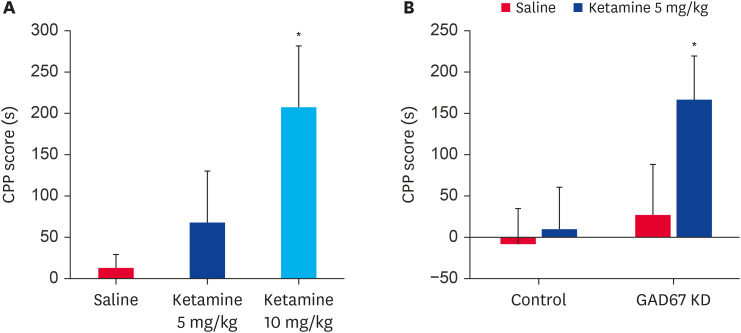 Effects of GAD67 knockdown on ketamine-induced CPP. (A) CPP test performed using saline or ketamine (5 mg/kg and 10 mg/kg, i.p.) in C57BL/6 mice. Data are expressed as the mean ± standard error (n = 13, 7, and 6 for saline, ketamine 5 mg/kg, and ketamine 10 mg/kg, respectively) and were analyzed using a one-way ANOVA (F[2,23] = 4.829, p = 0.017) followed by a Holm-Šídák post-hoc t-test. (*p < 0.05 vs. 10 mg/kg saline group). (B) Mice were stereotaxically treated once with either a negative control or CRISPR/Cas9 GAD67 gRNA vector in the right striatum. Thereafter, the CPP test was performed, as described in the Methods section, using saline or ketamine (5 mg/kg, i.p.) 7 days after striatal injection. Data are expressed as the mean ± standard error (n = 7, 9, 11, and 9 for control & saline, control & ketamine 5 mg/kg, GAD67 KD & saline, and GAD67 KD & ketamine 5 mg/kg, respectively) and were analyzed using a two-way ANOVA (GAD67 condition: F[1,32] = 1.993, p = 0.168; CPP drug condition: F[1,32] = 2.958, p = 0.095; interaction: F[1,32] = 1.182, p = 0.285) followed by a Holm-Šídák post-hoc t-test (*p < 0.05 vs. GAD67 KD saline group).GAD67, glutamic acid decarboxylase 67; CPP, conditioned place preference; i.p., intraperitoneal; ANOVA, analysis of variance; KD, knockdown.