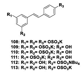 Chemical structure of multi-target bioactive sulfate-conjugated resveratrol metabolites (108-113).
