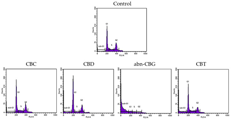 Flow cytometry analysis of changes in the cell cycle phases in HT29 human colon tumor cells after 24 h of incubation with the tested cannabinoids (25 μg/mL). Only representative DNA histograms are presented.