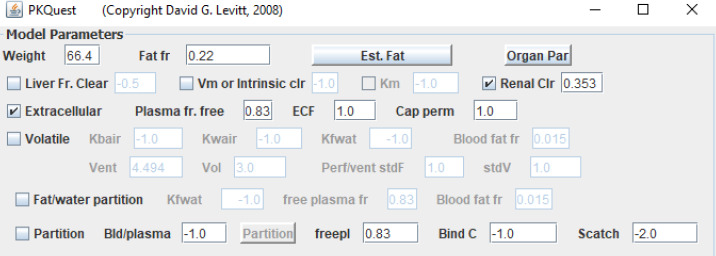 Top panel of PKQuest interface showing the parameters that characterize amoxicillin PBPK pharmacokinetics (see text for details).