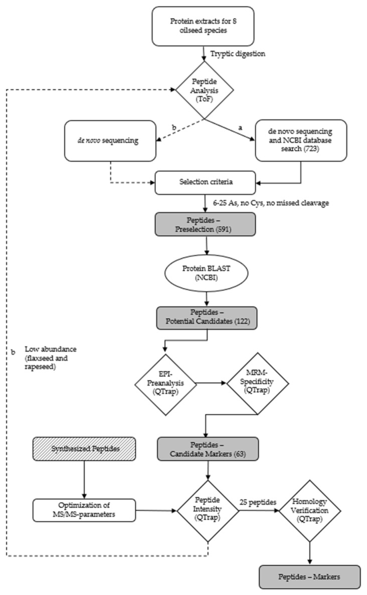Workflow for the identification of (a) peptides for chia, coconut, flaxseed, hemp, pumpkin, rapeseed, sesame and sunflower via database search, and (b) de novo peptides for flaxseed and rapeseed due to the low abundance of peptides identified by (a).