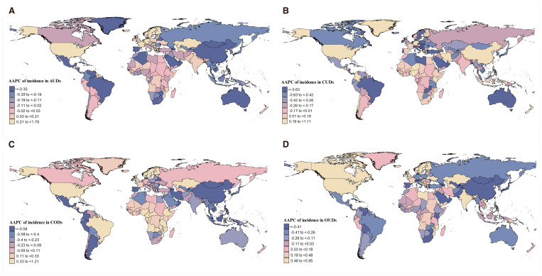 Four world maps labeled A, B, C, and D display the Average Annual Percent Change (AAPC) of incidence for different substance use disorders. Map A shows AUDs, with values ranging from less than -0.35 to 1.79. Map B depicts CUDs, ranging from less than -0.63 to 1.11. Map C illustrates CODs, with values from less than -0.58 to 1.21. Map D represents OUDs, ranging from less than -0.41 to 5.95. Each map uses a color gradient to indicate AAPC levels across different regions.