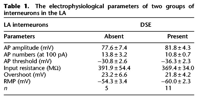 The electrophysiological parameters of two groups of interneurons in the LA