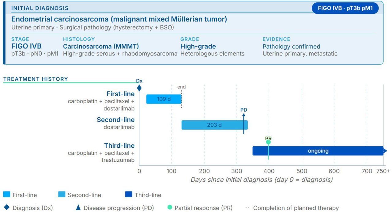 Sample patient treatment journey from integrated LLM extractions and checklist results. Data leveraging schema-based LLMs for medications and surgical procedures and checklist results for diagnosis details and lines of therapy were utilized to generate a graphical summary for a single patient. Day 0 was set at the Initial Diagnosis Date element, and other dates were used relationally.