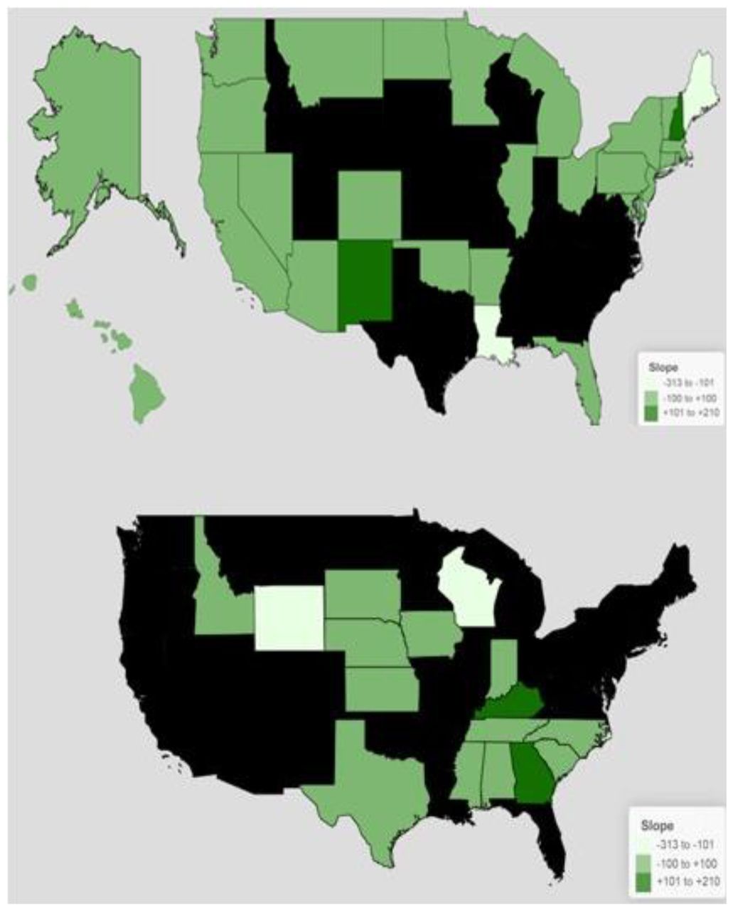 Heat maps demonstrating magnitude of prescription changes over time in amphetamines to Medicaid/Children’s Health Insurance Program patients in states with (top) and without (bottom) medical marijuana laws.