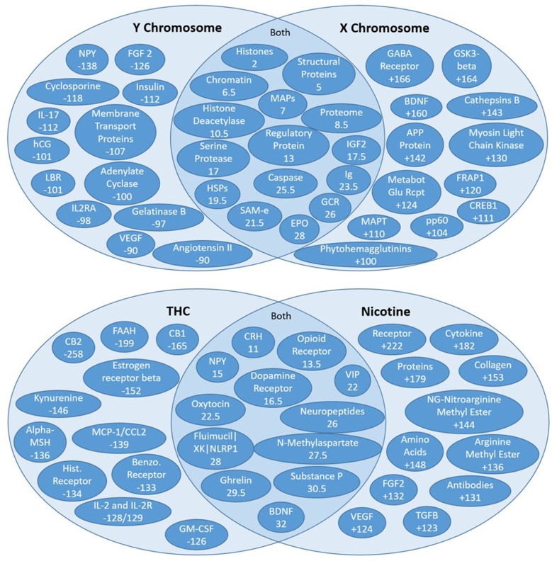 High residual assessment of rankers. Numbers in the overlapping regions represent the highest average ranking between the two target nodes. (Top) Comparing the shared source node rankings between the X and Y chromosomes. The non-overlapping regions of the Venn diagrams contain the nodes with the largest discrepancy between the two rankers (e.g., NPY was ranked 138 spots higher with respect to the Y chromosome than the X chromosome). (Bottom) Comparing the shared source node raking between nicotine and THC.