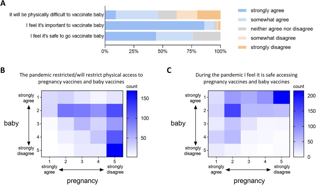 Women’s perceptions of physical restriction, importance, and safety regarding attending vaccination appointments for their babies, compared to during pregnancy.A: Women were asked to what extent they agreed with the following statements, recording their responses on a Likert scale: ‘The COVID-19 pandemic will make it physically difficult to get my baby vaccinated’, ‘During the COVID-19 pandemic I feel it is important to get my baby vaccinated’ and ‘During the COVID-19 pandemic I feel it is safe about to go to get my baby vaccinated”. B) Heat map showing the relationship between women’s perceptions of COVID-19 making it physically difficult to get vaccinated during pregnancy (columns) compared to it making it physically difficult to get their baby vaccinated (rows). C) Heat map showing the relationship between feeling safe accessing pregnancy vaccines during the COVID-19 pandemic (columns) and feeling safe getting baby vaccinated during the COVID-19 pandemic (rows). 1: strongly disagree. 2: somewhat disagree, 3: neither agree nor disagree, 4: somewhat agree, 5: strongly agree.