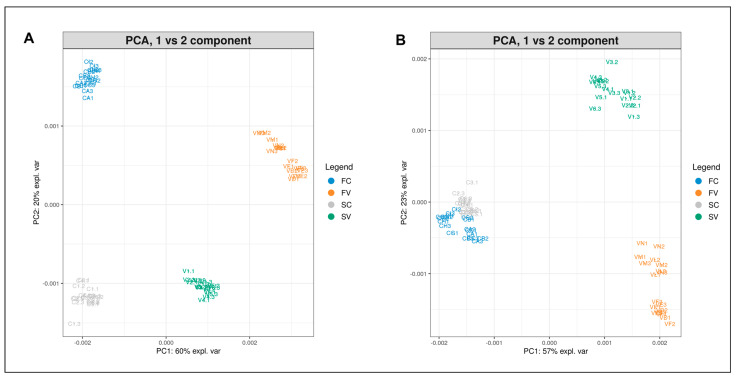 PCA plot (PC1 vs. PC2) of albumin (A) and globulin (B) extracts from Finola certified seeds (FC, blue), Finola harvested seeds from Viganella (FV, orange), Secuieni J. certified seeds (SC, gray) and Secuieni J. harvested seeds from the experimental field of Viganella (SV, green).