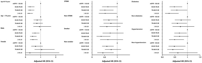 Forest-plot of all-cause death according to different subgroups. Adjusted model included sex, age, BMI, smoke, patterns of acute myocardial infarction, drink, stroke, SBP, glycated hemoglobin, peak of CK-MB, peripheral vascular disease, and TG. BMI, body mass index; eGFR, estimated glomerular filtration rate; STEMI, ST-elevation myocardial infarction; SBP, systolic blood pressure; TG, triglycerides; HR, hazard ratio; CI, confidence interval; Ref., reference (eGFR ≤ 63.02 ml/min/1.73 m2 group).