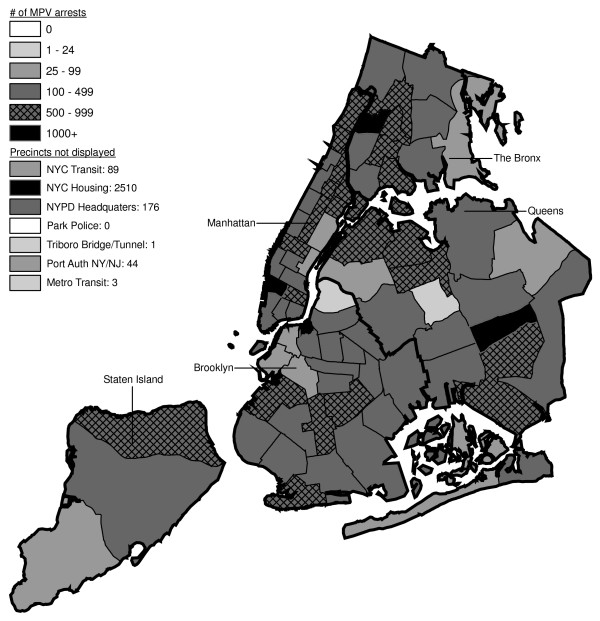 Marijuana in Public View Arrests by NYPD Precinct in 1999 (n = 33,817).