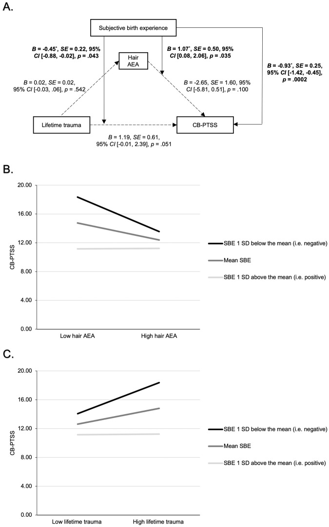 Moderated mediation analysis predicting CB-PTSS.CB-PTSS childbirth-related posttraumatic stress symptoms, AEA anandamide, SBE subjective birth experience. A Predicting CB-PTSS based on a moderated mediation analysis with lifetime trauma, hair AEA, and subjective birth experience in PROCESS Model 15. Age, parity, academic degree, FOC, depressive symptoms and AEA-specific confounders were included as confounders. The overall index of moderated mediation was not significant. B Graph shows the significant hair AEA x SBE interaction with positive/high and negative/low values corresponding to ± 1 SD from the mean. Johnson-Neyman interaction probing showed that reduced hair AEA levels significantly predicted CB-PTSS for SBE values 0.19 SDs below the mean and lower (i.e., more negative). C Graph shows the significant lifetime trauma x SBE interaction with positive/high and negative/low values corresponding to ± 1 SD from the mean. Johnson-Neyman interaction probing showed that the effect of lifetime trauma on CB-PTSS became significant for SBE values 0.01 SDs below the mean and lower.