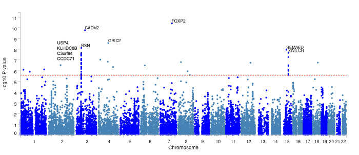 Manhattan plot of the genes analyzed for association in the MAGMA gene-based association analysis.The 10 significant genes with the strongest association are labeled. The red dashed line indicates Bonferroni corrected significance threshold at 2.61 × 10−6.