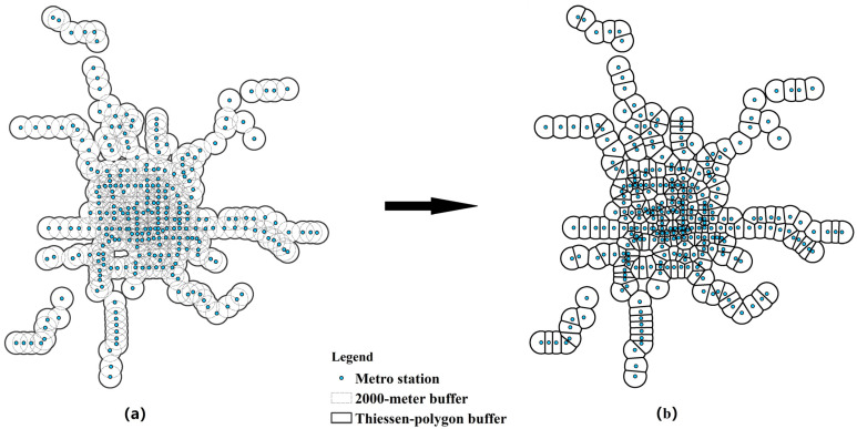 (a) 2000-m buffer (b) Thiessen-polygon buffer.