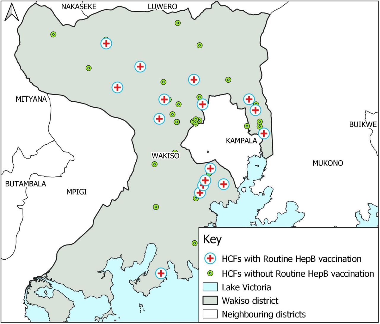 A map of Wakiso district showing healthcare facilities with a routine vaccination schedule (as either statatic or outreach) for healthcare providers and other high-risk groups