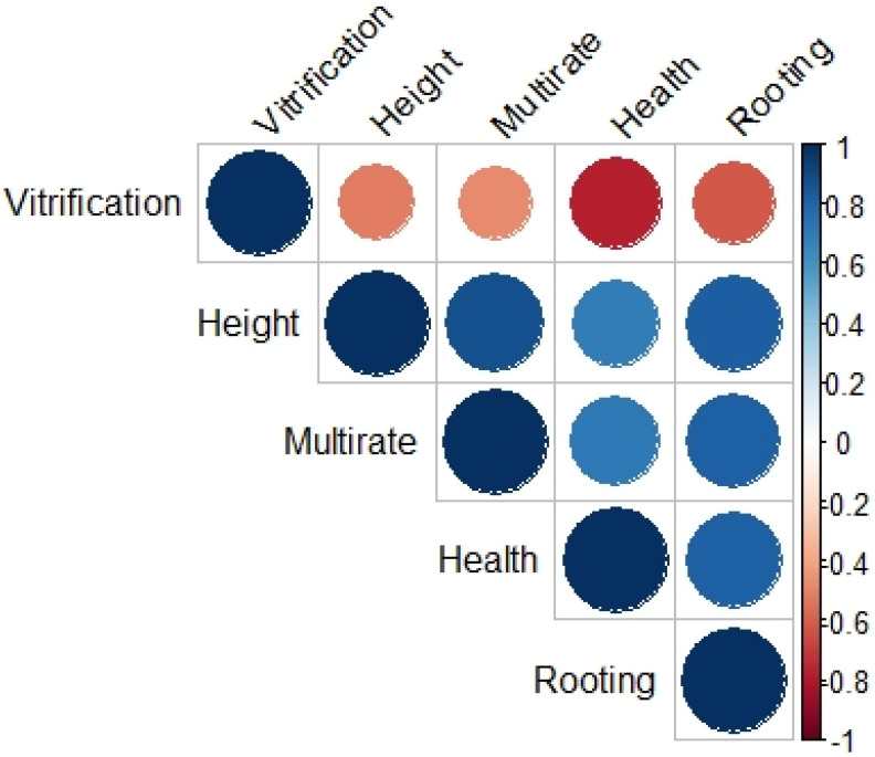 Dot-plot showing the average correlations of the MT2 measurement traits over all treatments and explant types. Negative correlations are shaded red, and positive correlations are shaded blue. The strength of the correlation is indicated by dot size and red or blue color saturation.