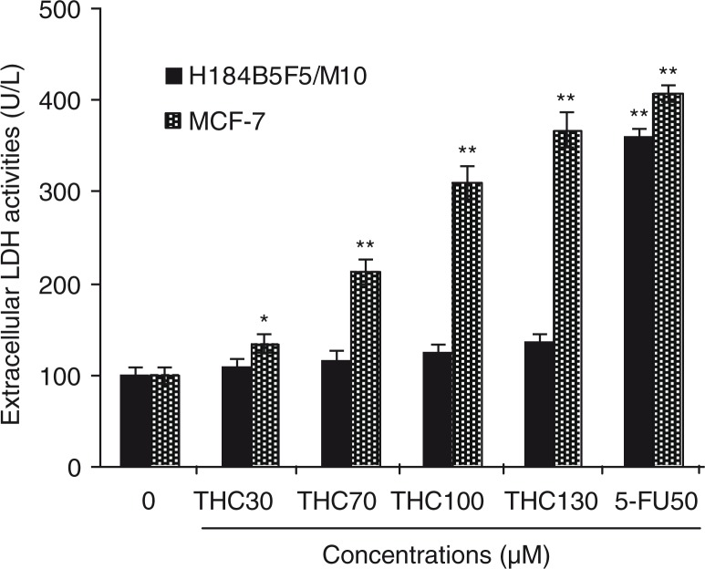 Cytotoxicity of THC to MCF-7 cells. MCF-7 cells were incubated with different concentrations of THC (0, 30, 70, 100, and 130 µM), and authorized 5-fluoro-2, 4 (1 h, 3 h) pyrimidinedione (5-FU, 50 µM) was used as positive control for 24 h, respectively. Cytotoxic effect was measured by LDH assay and expressed as U/L of LDH released from the MCF-7 cells after 24 h of incubation. All data were reported as the mean±SD of three separate experiments, and asterisks denote a statistical significance in comparison.