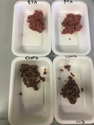 Minced beef with extract (ETA) and without (CONTR) after 8 days of storage at 4°C.