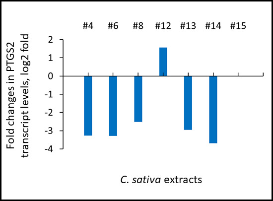 Effects of novel C. sativa extracts on the levels of PTGS2 gene expression as studied by the global transcriptome profiling using RNAseq. Induction of inflammation and treatments were described in the legend to Figure 1. Data are shown as log 2 fold changes as compared to UV-induced tissues. All changes shown here are statistically significant, p adj <0.05, ANOVA-like analysis and pair-wise comparison.