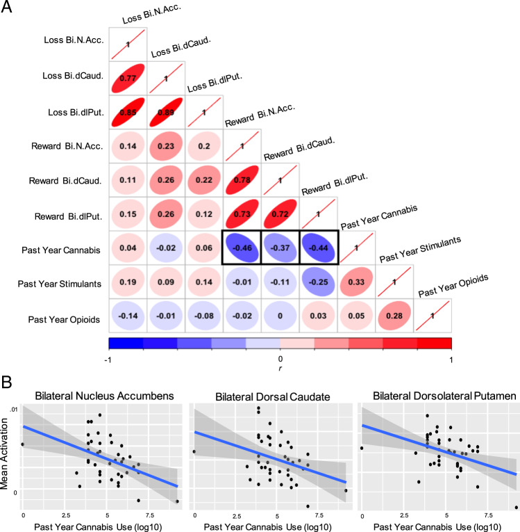 Summary correlation matrix for mood/anxiety+CB group only.Panel a: Correlations between all extracted striatal data and log10-transformed past year cannabis, stimulant, and opioid use within the Mood/Anxiety+CB group only. Cells depict Pearson’s r for each combination. Striatal activations derived from the whole-brain contrast images estimated for all loss and win conditions. Left and right ROIs were averaged across hemisphere. Bi.N.Acc = Bilateral nucleus accumbens. Bi.dCaud. = Bilateral dorsal caudate. Bi.dlPut. = Bilateral dorsolateral putamen. The three bolded cells showing the correlation between past year cannabis use and reward activations were further visualized using scatter plots shown in panel b (all three pcorr < 0.05).