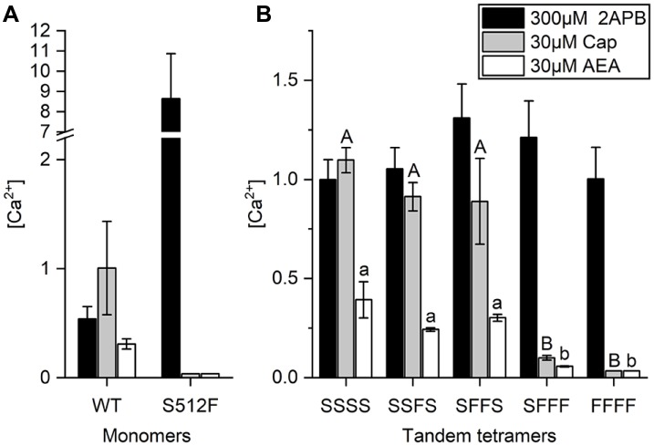 AEA-induced activation requires two wild-type TRPV1 subunits in the TRPV1 channel. (A) Comparison of wild-type and S512F mutant TRPV1 responses to 2-APB, AEA, and capsaicin. Note that the Y axis of the left graph is broken at 2.2–7 μM Ca2+. (B) Activation of tetrameric TRPV1 constructs harboring 0–4 wild-type subunits induced by capsaicin, AEA, or 2-APB (n = 3–5 experiments). 2-APB response levels among tandem tetramers are equal based on ANOVA followed by Tukey’s Honestly Significant Difference post hoc test for multiple comparisons. The “A, B, C…” and “a, b, c…” labeling in the plot denotes homogenous subsets of tandem tetramers response to capsaicin and AEA, respectively.