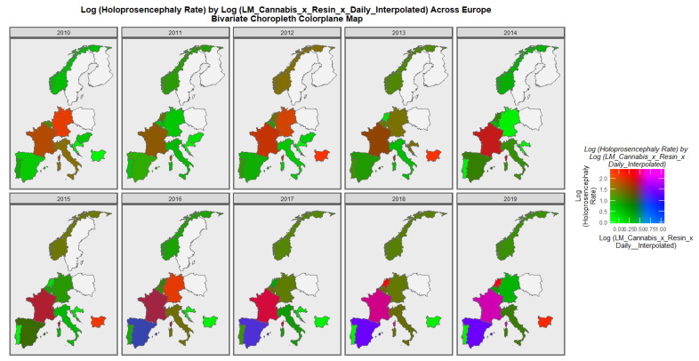 Bivariate Map of Log Holoprosencephaly by Cannabis Metric. Caption: Colorplaner bivariate sequential map-graphs of the log (holoprosencephaly rates) by log (last month cannabis use x cannabis resin THC concentration x daily use interpolated) across the surveyed European nations over time 2010–2019.