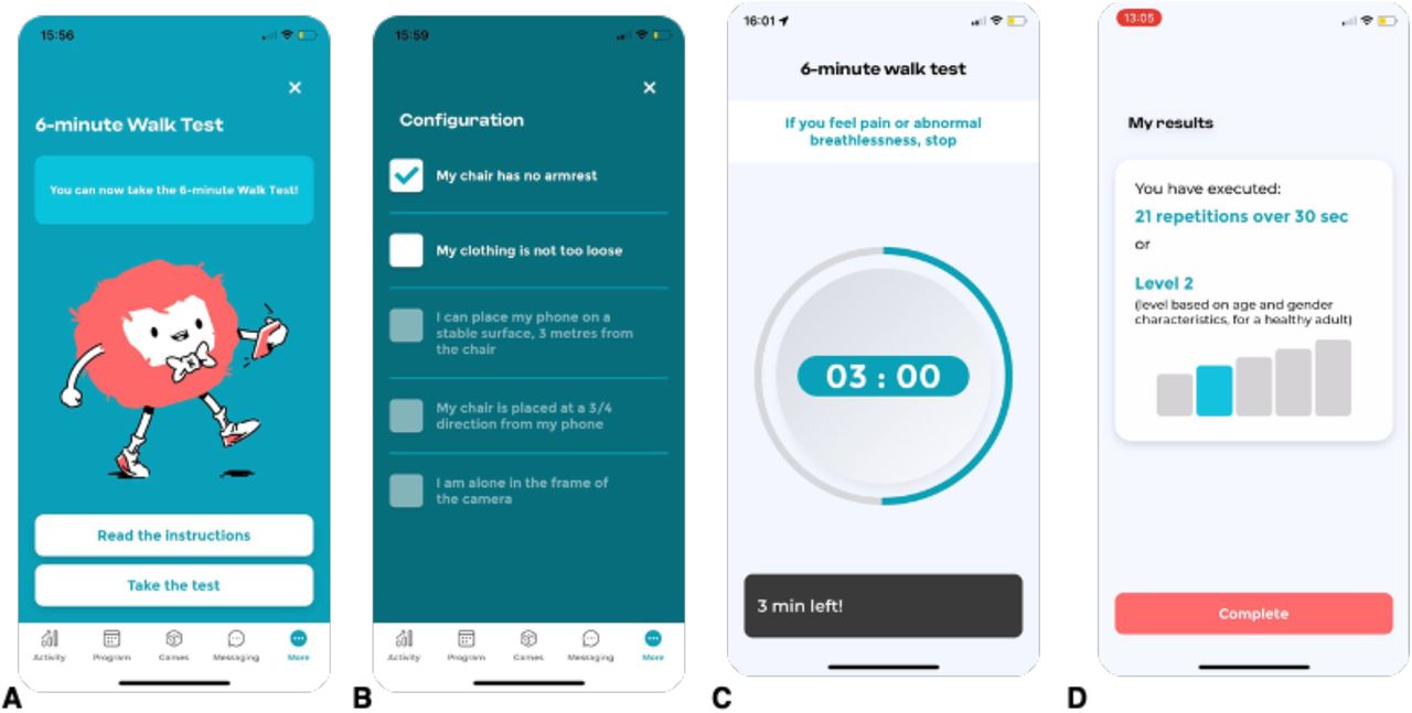 Screenshots of the MediEval medical device.(A) Welcome screen for the 6MWT. (B) Checklist for the 30s-STS test. (C) Screen during the 6MWT. (D) Results for the 30s-STS test.