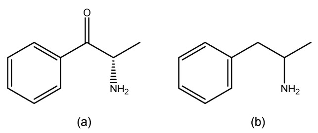 Structures of cathinone (a) and amphetamine (b) (ChemDraw® Professional 18.0).