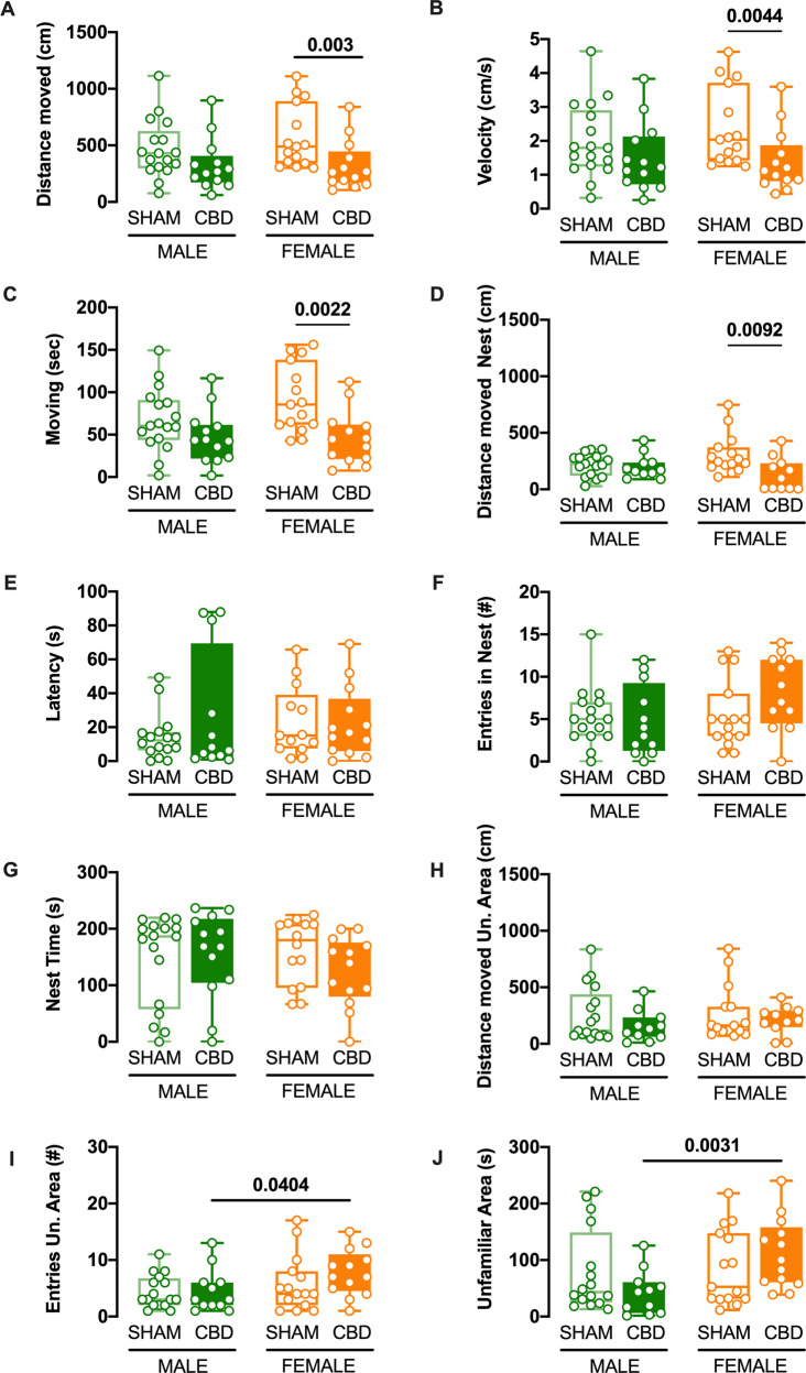 Fetal CBD modifies homing behavior selectively in female pups.A–D In the female progeny exposed to CBD in utero, the total distance moved, the distance moved in the nest, the velocity, and the total time spent moving were diminished. In contrast, these parameters were normal in the male progeny. E–H Fetal CBD had no discernable effects on the latency to reach the nest, cumulative time spent in the latter, the distance moved in the unfamiliar area or entries into the Nest (I, J) CBD females entered more often and spent more time in the unfamiliar zone than the CBD male pups (SHAM MALE N = 15 light green boxplot, CBD MALE N = 13 dark green boxplot, SHAM FEMALE N = 15 light orange boxplot, CBD FEMALE N = 13 dark orange boxplot). Data are represented as Box and whisker plots. Individual data points represent one animal while the line the median. Multiple Mann–Whitney U test, *p < 0.05.