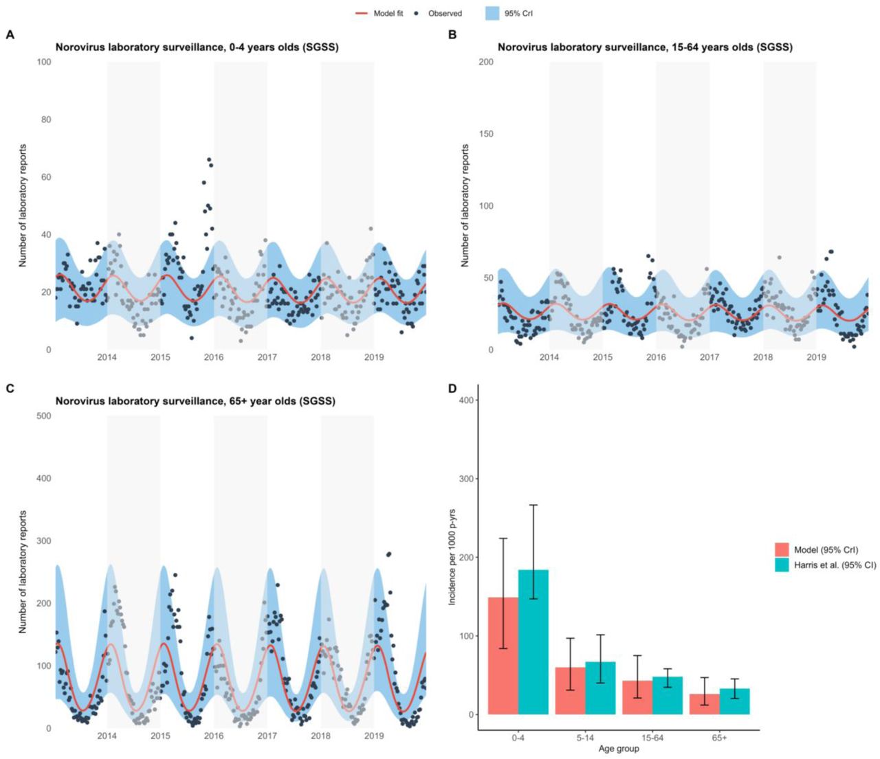 Model fit to norovirus surveillance data (SGSS), 2013-2019 stratified by age A) 0-4 years olds B) 15-64 year olds C) 65+ year olds. Black dots show the data, red the posterior median fit, and light blue the 95% credible interval. The years are shaded in grey for readability.