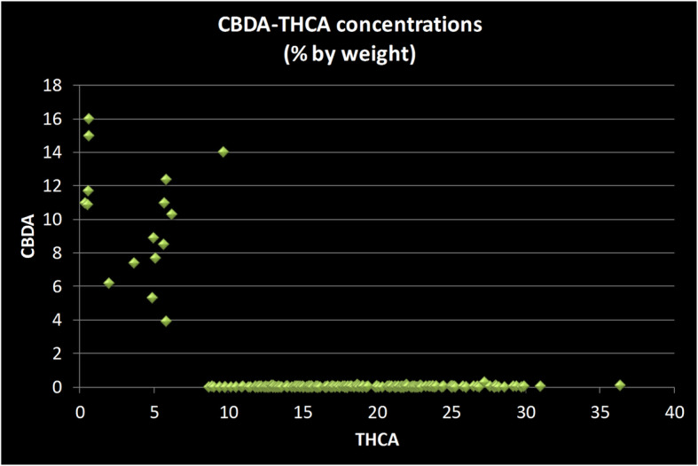 Scatter plot of CBDA versus THCA concentrations in strains sold in the New Jersey medicinal marijuana program. Each data point represents two values from a single strain: its concentration of Cannabidiol acid (CBDA) and of Tetrahydrocannabinol acid (THCA). Three clusters of strain types are evident: THC-dominant strains which have less than 1% CBDA (clustered along X-axis); balanced strains with comparable amounts of CBDA and THCA (middle of chart); and CBD-dominant strains which have less than 1% THCA (along Y-axis). The overwhelming majority of strains (229 out of 245) are THC-dominant. All measurements done by the State of New Jersey’s Public Health and Environmental Laboratories using chromatographic methods and reported as percentage by weight