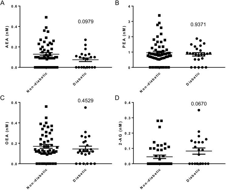 Ocular concentration of endocannabinoids (AEA (A), PEA (B), OEA (C) and 2-AG (D)) with and without diabetes. Data are presented as scatterplots and analysed by Mann-Whitney non-parametric analysis. 2-AG, 2-arachidonoylglycerol; AEA, anandamide; OEA, oleoylethanolamine; PEA, palmitoylethanolamine.