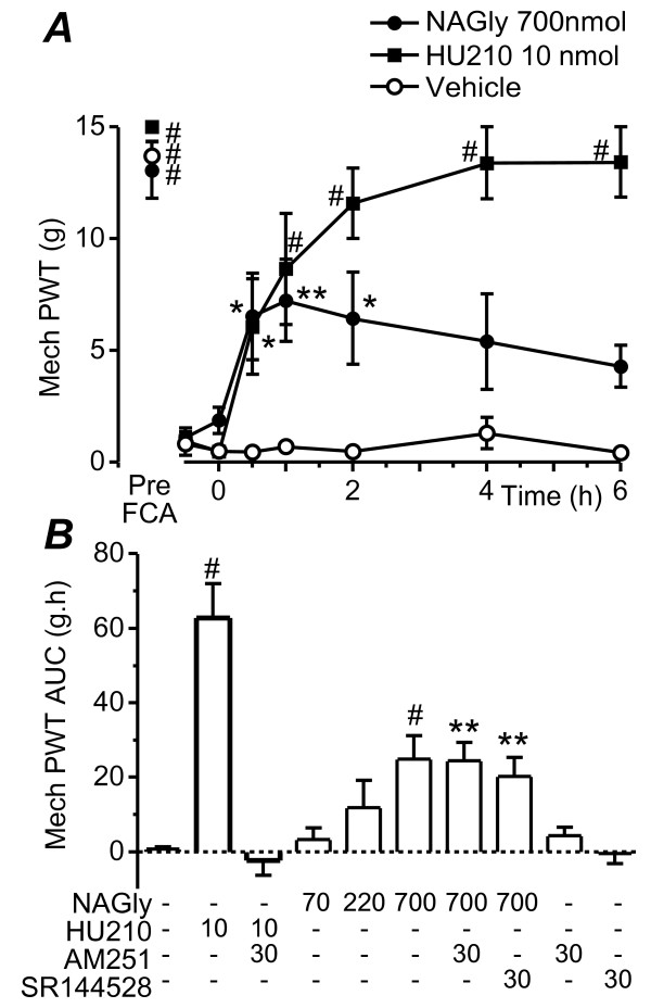 NA-glycine reduces mechanical allodynia. (a) Time plots of the effect of NA-glycine (NAGly,700 nmol, filled circles), HU-210 (10 nmol, filled squares), or vehicle (open circles) on mechanical paw withdrawal threshold (Mech PWT). Animals received an intrathecal injection of NA-glycine, HU-210 or a matched vehicle at time 0 h, 24 h after intraplantar injection of FCA. Data is also shown prior to FCA injection (Pre-FCA). (b) Bar charts depicting the effect of intrathecal injection of combinations of NA-glycine (NAGly 70 – 700 nmol), HU-210 (10 nmol), AM251 (30 nmol) and vehicle on mean mechanical paw withdrawal threshold, measured as the area-under-the-curve (AUC). * denotes P < 0.05, ** P < 0.01 and # P < 0.0001 compared to time 0 post-FCA in (a) and to vehicle in (b).