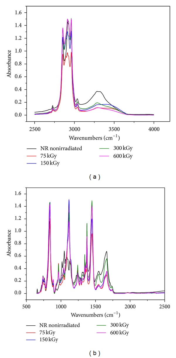 FTIR spectra for NR/hemp mixtures with 5 phr hemp content: (a) between 2500–4000 and (b) between 500–2500.