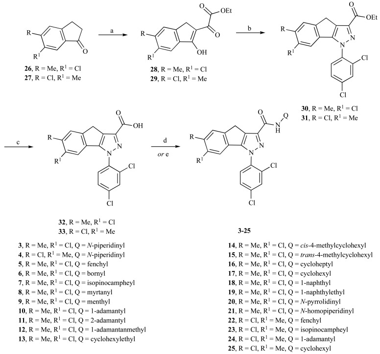Reagent and conditions: a) Na, dry EtOH, (COOEt)2, RT, 24 h; b) 2,4-Cl2-C6H3NHNH2·HCl, AcOH, rfx, 8 h; c) KOH, EtOH/H2O, rfx, 4 h; d) HOBt/EDC, CH2Cl2, RT, 1 h, then Q-NH2, (TEA for 11 and 20), CH2Cl2, RT, 22 h; (e) SOCl2, toluene, rfx, 3 h (for 18), then 1-naphthylamine, CH2Cl2, RT, overnight.